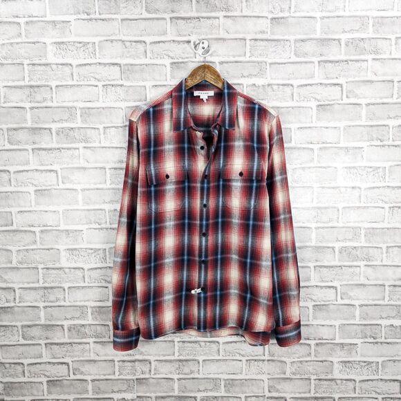 FRAME Denim Men's Plaid Double Pocket Flannel Shirt in Red blue plaid size Large - Picture 1 of 6